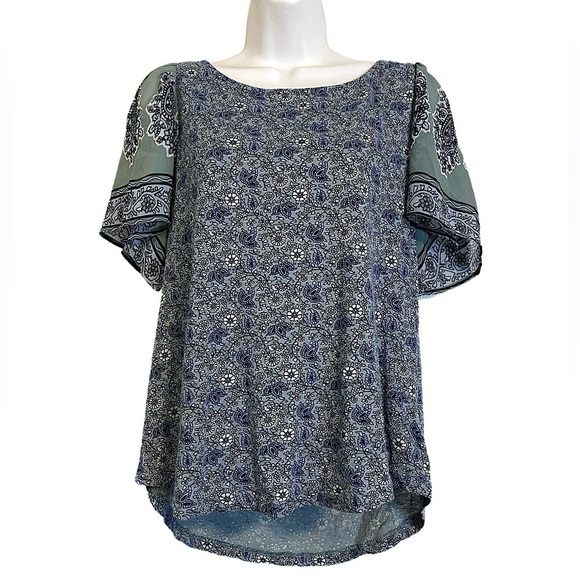 Lucky Brand Floral Mixed Tee Blue Multi Short Sleeve Floral Zip Back Top - Picture 1 of 8